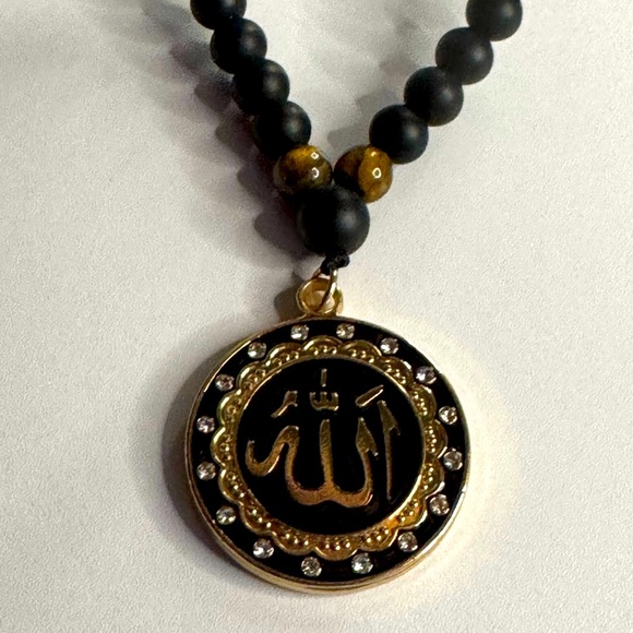New Black and Gold Calligraphy Necklace with Tigers eye and black beads